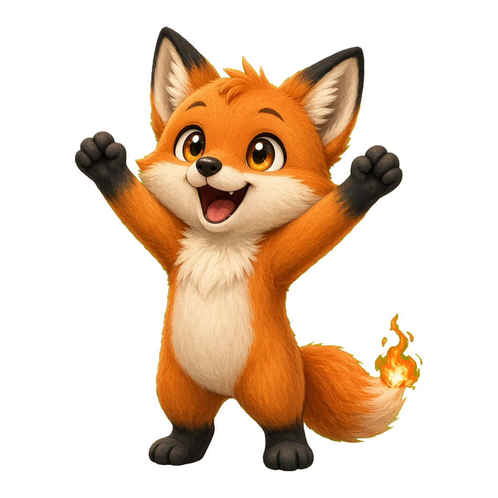 Fox character art, cheering with both arms up and an ember on the tail
