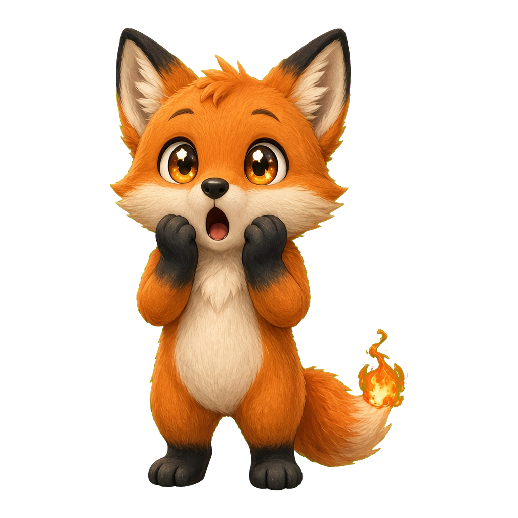 Fox character art, surprised, paws held to the cheeks