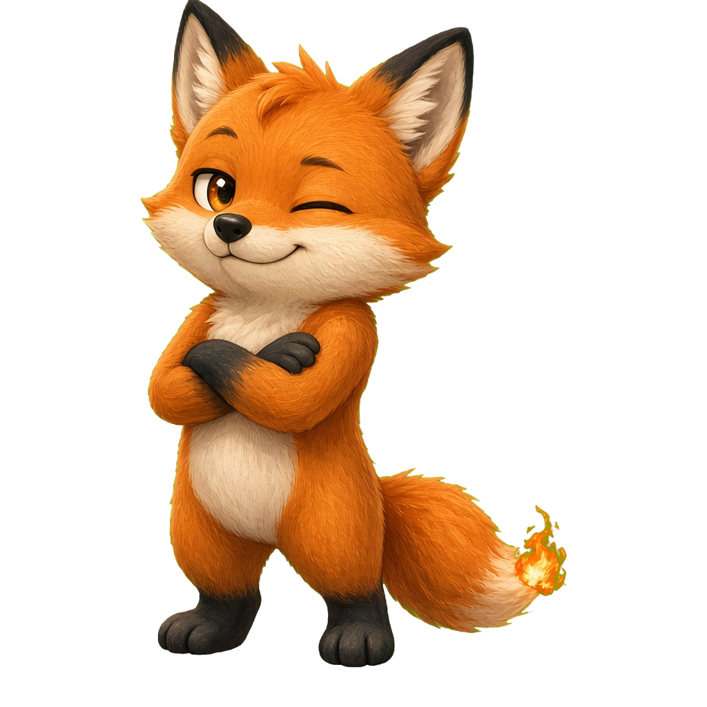 Fox character art, winking with arms crossed