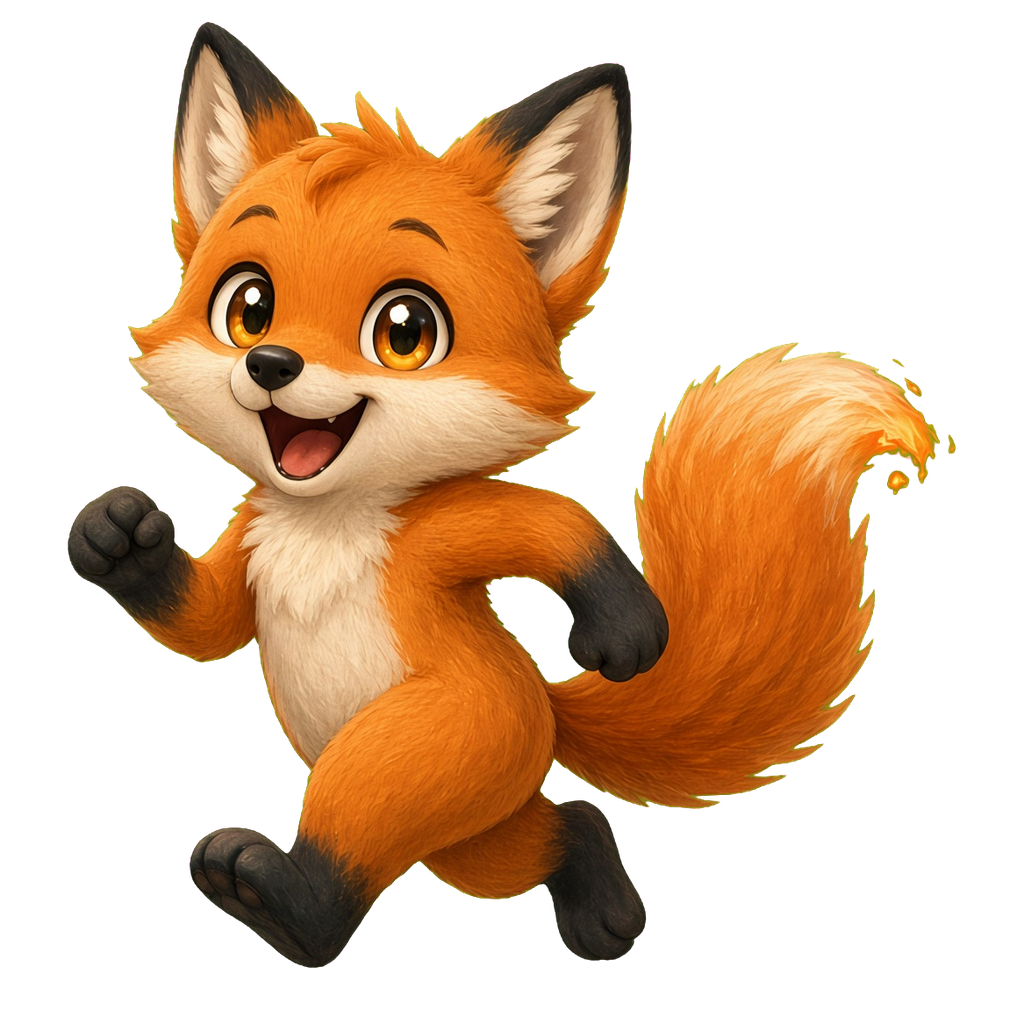 Fox character art, running, ember trailing from the tail