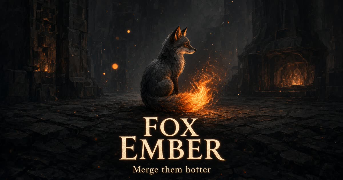 A fox with an ember tail in a stone forge, key art for FoxEmber