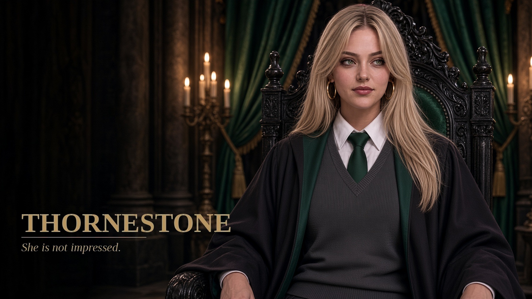 Lady Isolde Thorne seated in a dark hall, key art for Thornestone